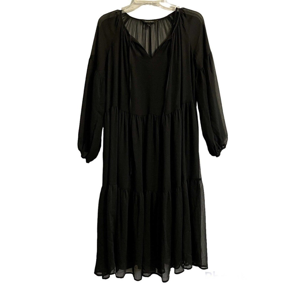 Banana Republic XS Swing Tiered Midi Dress Black Sheer Lined Boho Prairie